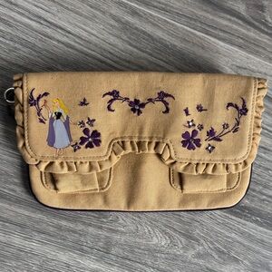 Disney Store Sleeping Beauty Princess Aurora Purse Tan/Purple Satin Rhinestones